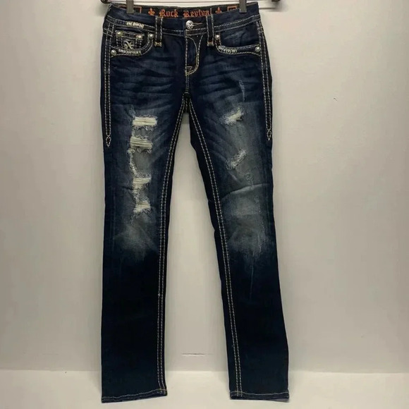 Rock Revival Jeans Karla Straight Leg Stretch Denim Jean Dark Wash Jeweled 25 - Picture 3 of 9